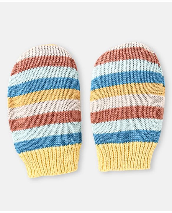 Babyhug 100% Organic Woollen Cap & Mittens With Pom Pom & Strips Design Blue & Brown - Diameter 9.5 cm
