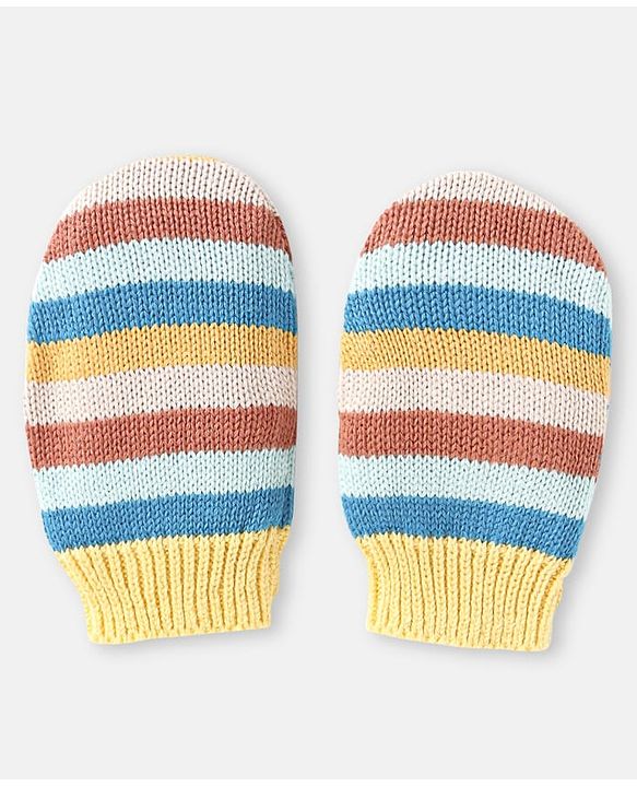 Babyhug 100% Organic Woollen Cap & Mittens With Pom Pom & Strips Design Blue & Brown - Diameter 9.5 cm