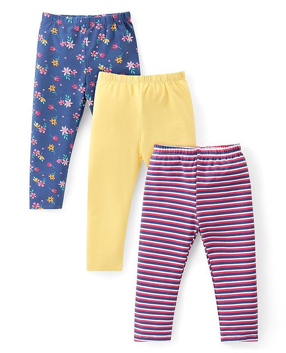 Babyhug Cotton Lycra Knit Stretchable Leggings Floral Print Pack of 3 - Blue & Yellow