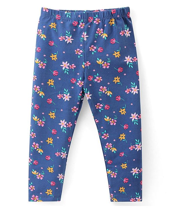 Babyhug Cotton Lycra Knit Stretchable Leggings Floral Print Pack of 3 - Blue & Yellow
