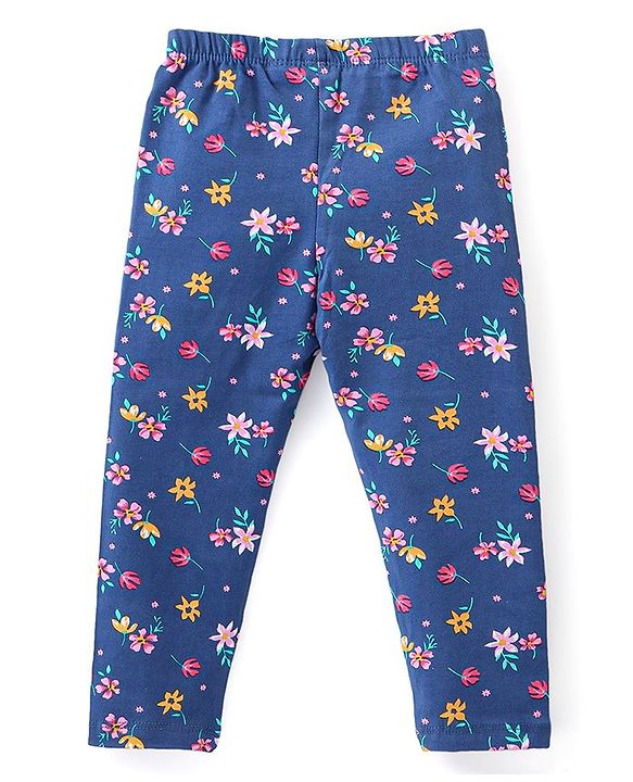 Babyhug Cotton Lycra Knit Stretchable Leggings Floral Print Pack of 3 - Blue & Yellow