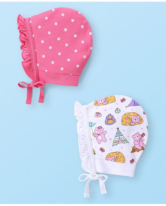 Babyhug 100% Cotton Bonnet Cap with Knot Polka Dot & Bear Print Pack of 2 - Pink