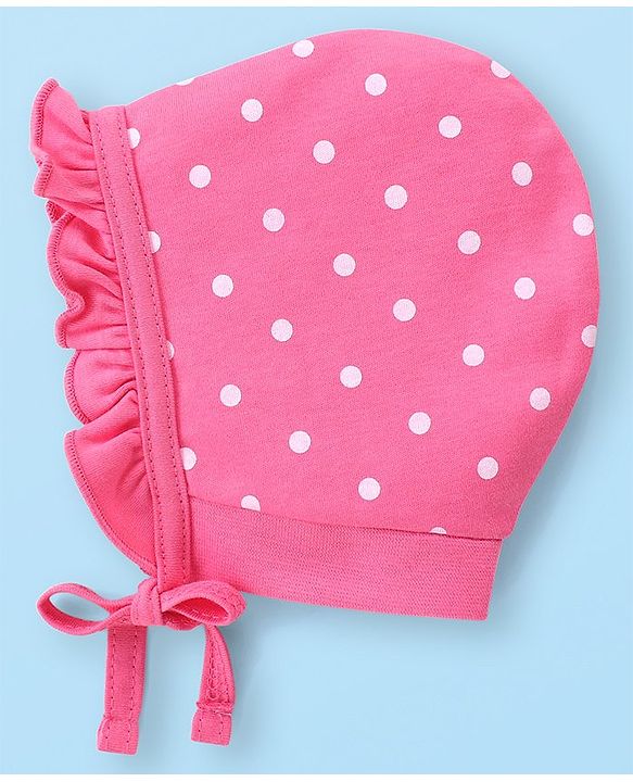 Babyhug 100% Cotton Bonnet Cap with Knot Polka Dot & Bear Print Pack of 2 - Pink
