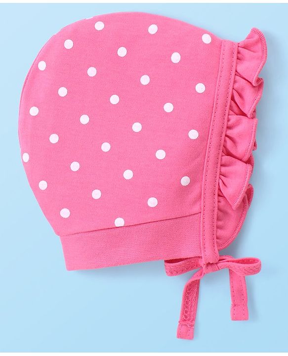 Babyhug 100% Cotton Bonnet Cap with Knot Polka Dot & Bear Print Pack of 2 - Pink