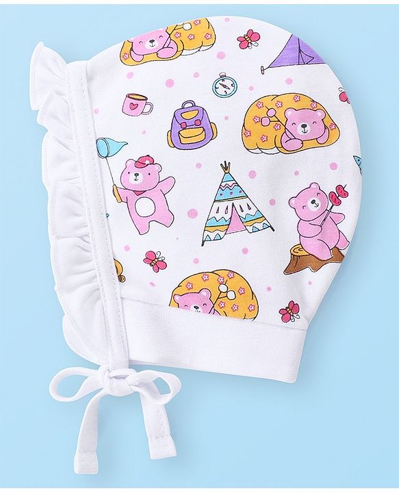 Babyhug 100% Cotton Bonnet Cap with Knot Polka Dot & Bear Print Pack of 2 - Pink