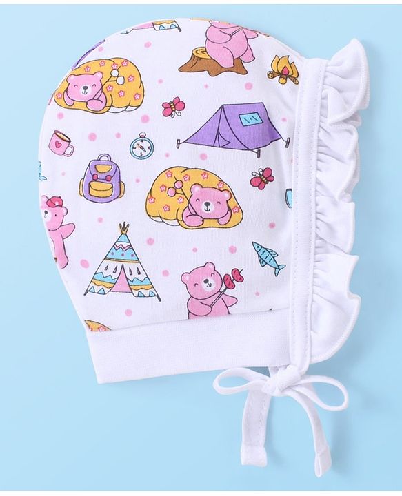 Babyhug 100% Cotton Bonnet Cap with Knot Polka Dot & Bear Print Pack of 2 - Pink