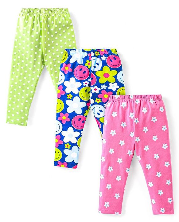 Babyhug Cotton Lycra Knit Full Length Leggings With Floral & Polka Dots Print Pack Of 3 - Lime Blue & Pink