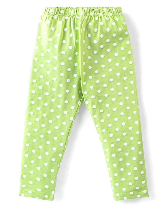 Babyhug Cotton Lycra Knit Full Length Leggings With Floral & Polka Dots Print Pack Of 3 - Lime Blue & Pink
