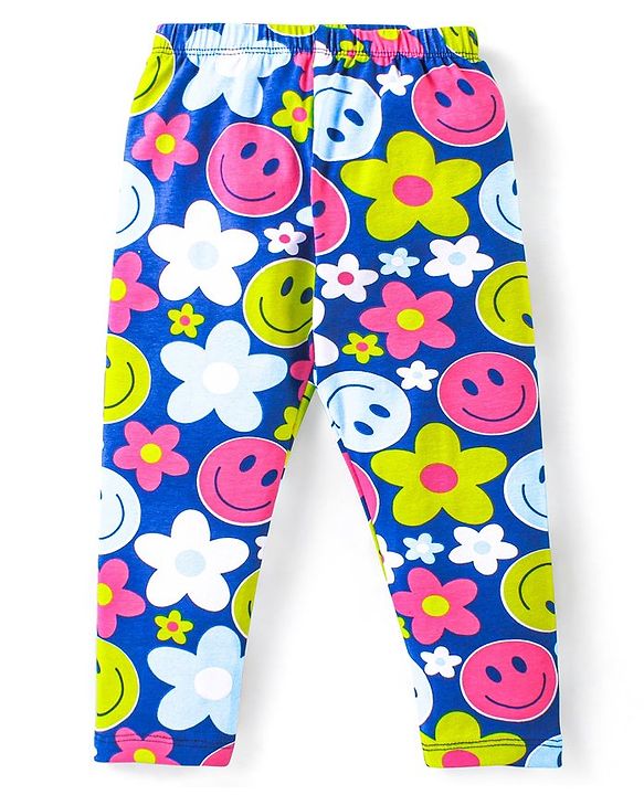 Babyhug Cotton Lycra Knit Full Length Leggings With Floral & Polka Dots Print Pack Of 3 - Lime Blue & Pink