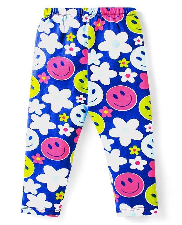 Babyhug Cotton Lycra Knit Full Length Leggings With Floral & Polka Dots Print Pack Of 3 - Lime Blue & Pink