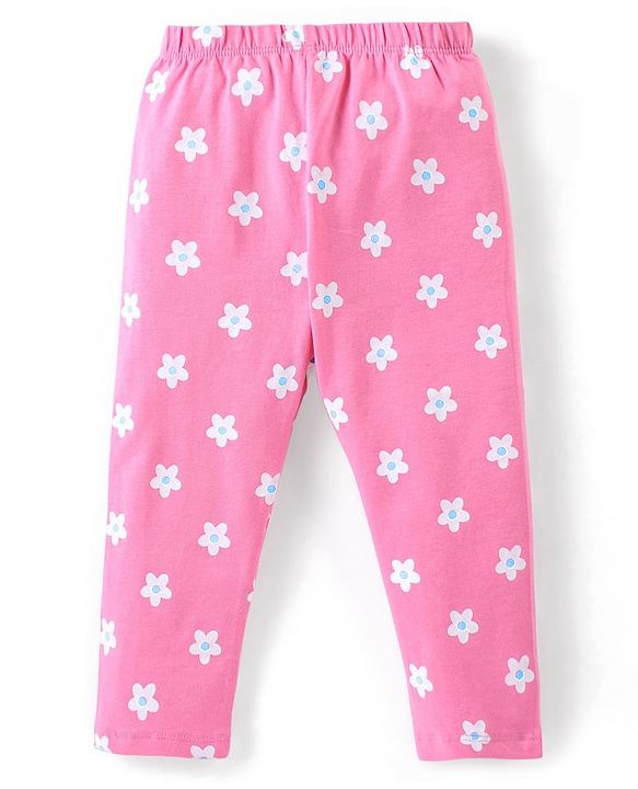 Babyhug Cotton Lycra Knit Full Length Leggings With Floral & Polka Dots Print Pack Of 3 - Lime Blue & Pink