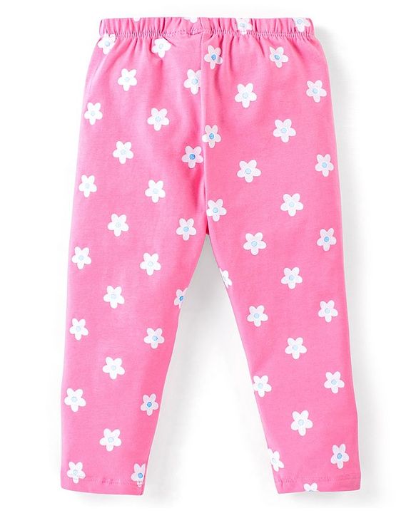 Babyhug Cotton Lycra Knit Full Length Leggings With Floral & Polka Dots Print Pack Of 3 - Lime Blue & Pink
