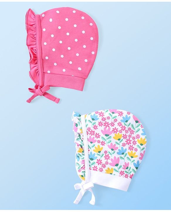 Babyhug 100% Cotton Interlock Knit Bonnet Cap With Polka Dots & Floral Print Pack of 2 - Pink & White