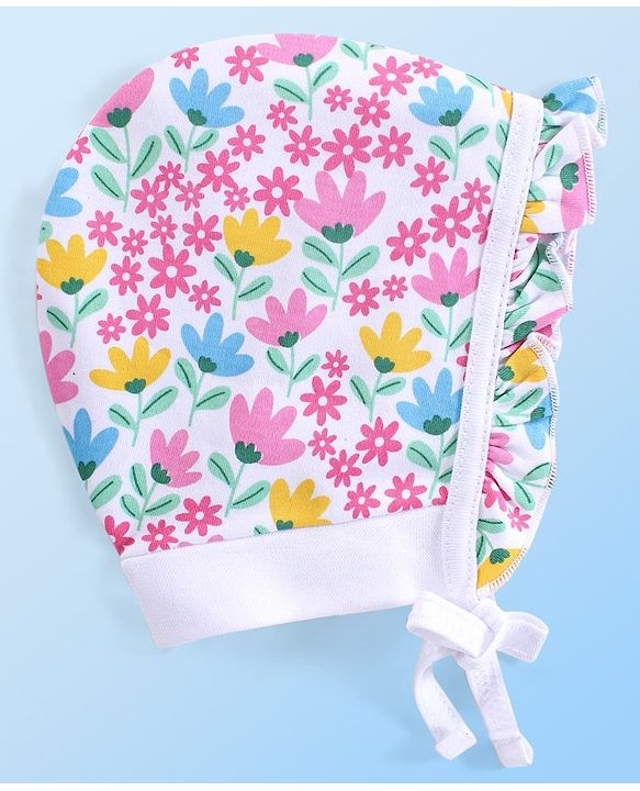 Babyhug 100% Cotton Interlock Knit Bonnet Cap With Polka Dots & Floral Print Pack of 2 - Pink & White