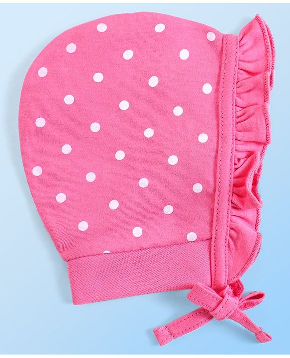 Babyhug 100% Cotton Interlock Knit Bonnet Cap With Polka Dots & Floral Print Pack of 2 - Pink & White