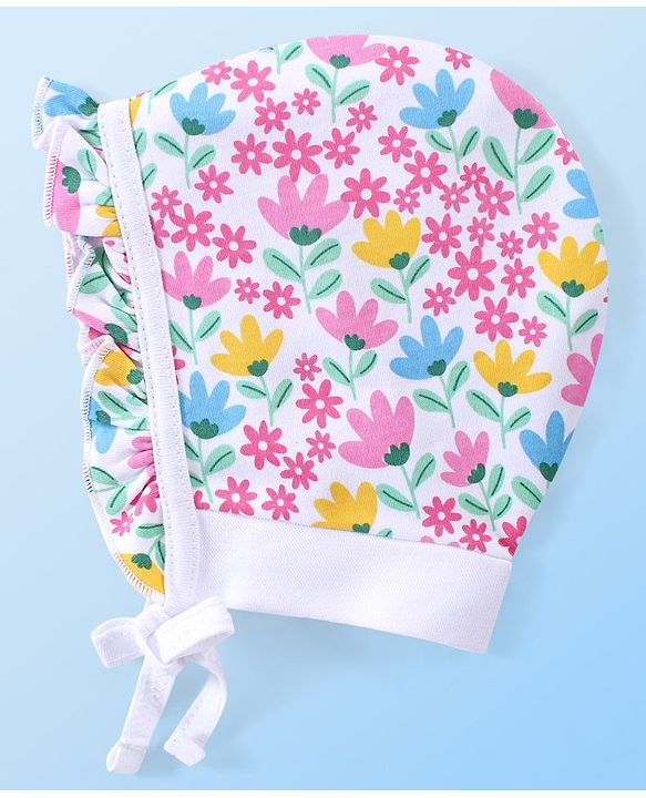 Babyhug 100% Cotton Interlock Knit Bonnet Cap With Polka Dots & Floral Print Pack of 2 - Pink & White