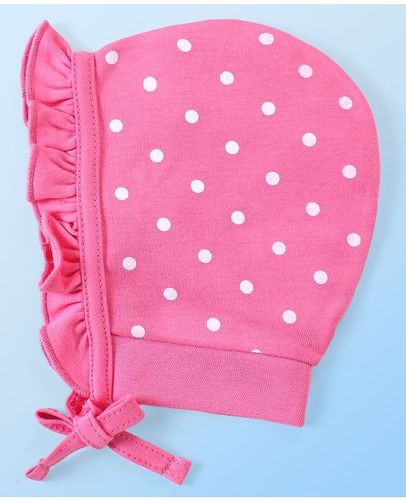 Babyhug 100% Cotton Interlock Knit Bonnet Cap With Polka Dots & Floral Print Pack of 2 - Pink & White