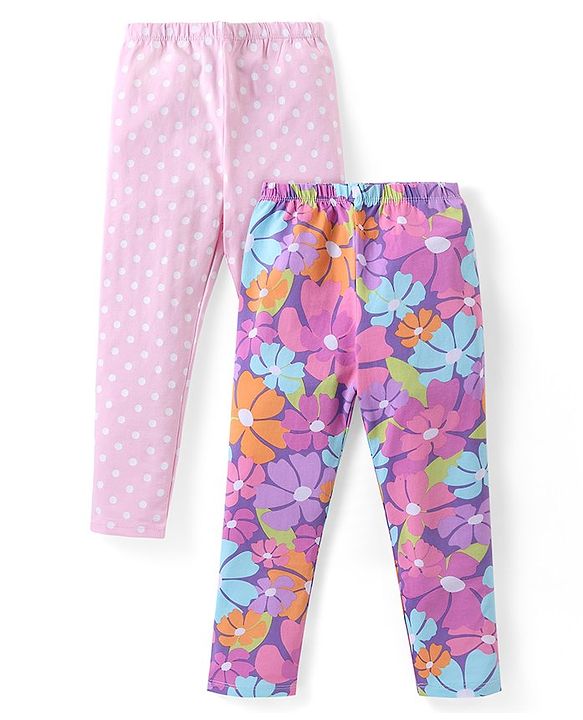 Babyhug Cotton Lycra Knit Full Length Stretchable Leggings  with Floral & Polka Dots Print Pack of 2 - Multicolour