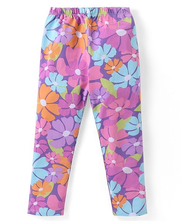 Babyhug Cotton Lycra Knit Full Length Stretchable Leggings  with Floral & Polka Dots Print Pack of 2 - Multicolour