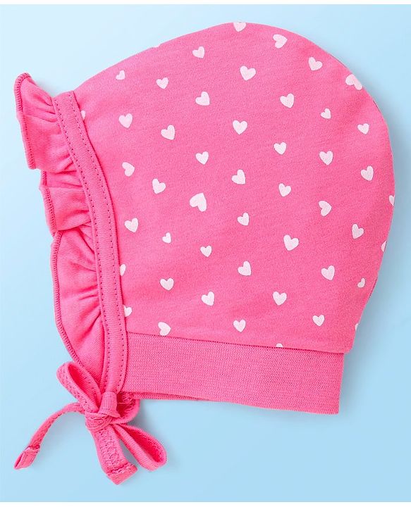 Babyhug 100% Cotton Interlock Knit Caps With Hearts & Floral Print Pack of 2 - Pink & White