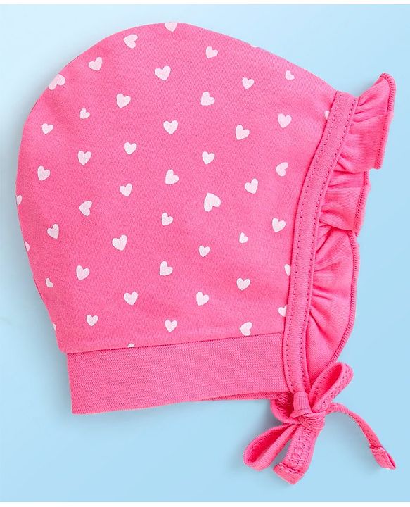 Babyhug 100% Cotton Interlock Knit Caps With Hearts & Floral Print Pack of 2 - Pink & White