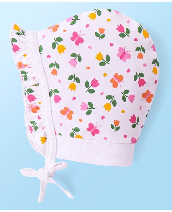Babyhug 100% Cotton Interlock Knit Caps With Hearts & Floral Print Pack of 2 - Pink & White
