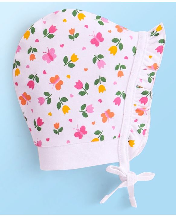 Babyhug 100% Cotton Interlock Knit Caps With Hearts & Floral Print Pack of 2 - Pink & White