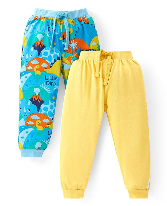 Babyhug Cotton Knit Full Length Lounge Pants With Dino Print Pack Of 2 - Yellow & Light Blue