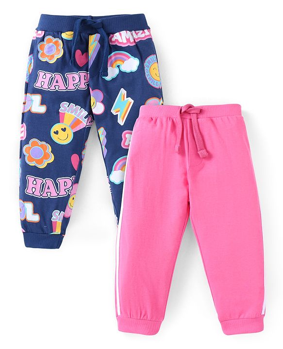 Babyhug Cotton Knit Full Length Lounge Pants With Tape Detail & Text Print Pack Of 2 - Pink & Navy Blue
