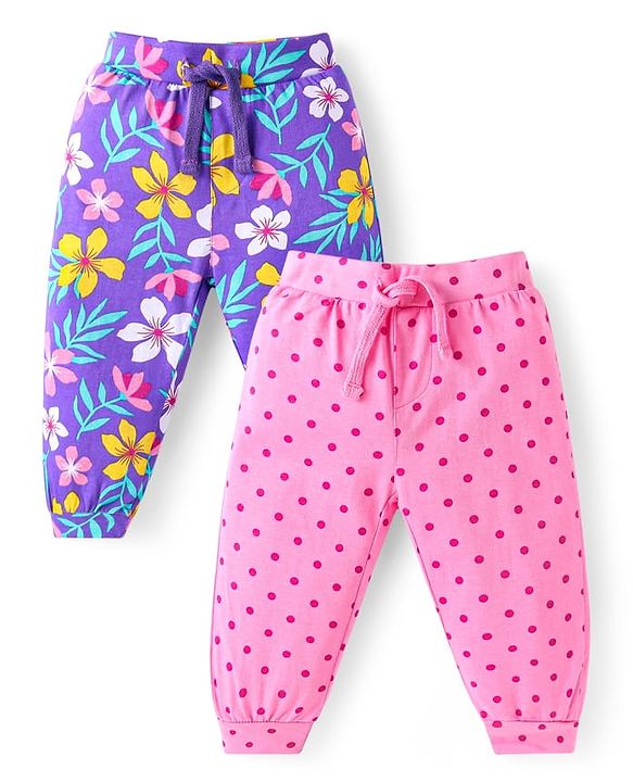 Babyhug Cotton Knit Full Length Lounge Pants With Floral Print Pack of 2 - Purple & Pink