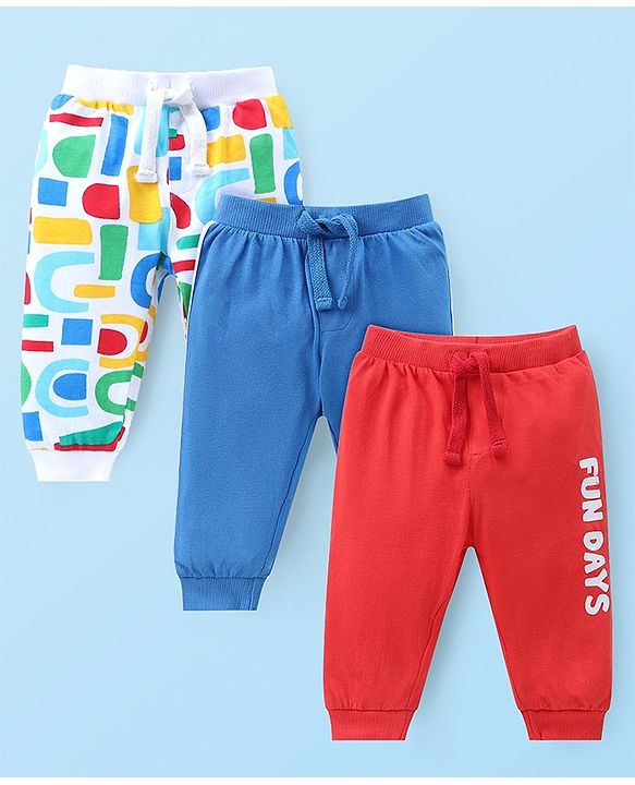 Babyhug Cotton Knit Full Length Lounge Pants With Text Print Pack Of 3 - White Blue & Red