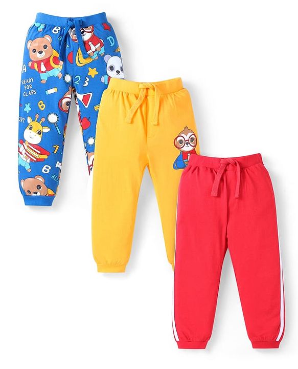 Babyhug Cotton Knit Full Length Lounge Pants With Animals Print Pack Of 3 - Red Yellow & Blue