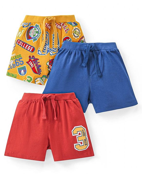 Babyhug Cotton Knit Shorts  with Number & Text Print Pack of 3 - Blue Red & Yellow