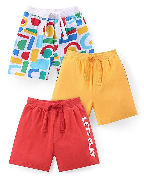 Babyhug Cotton Knit Shorts with Geometrical Print Pack of 3 - Red Yellow & White