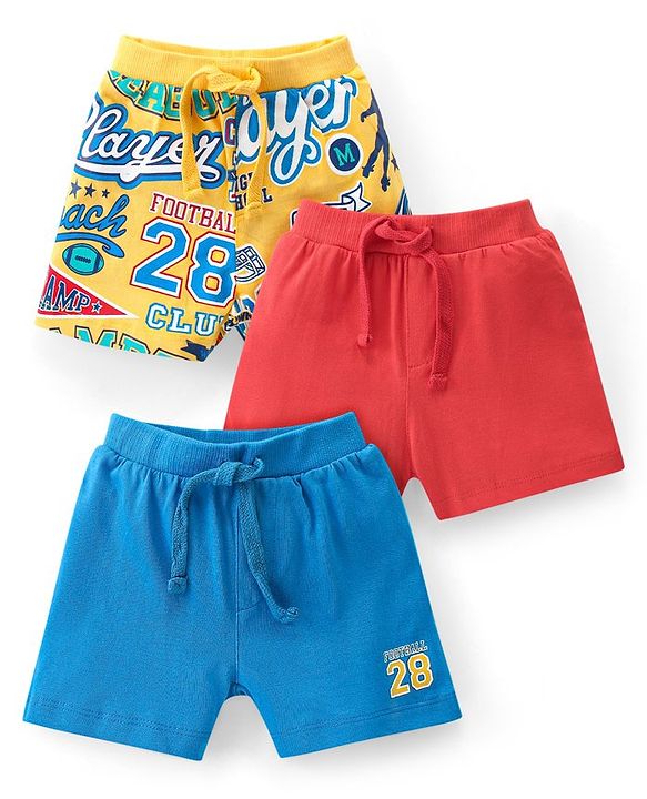 Babyhug Cotton Knit Shorts With Varsity Print Pack Of 3 - Red Blue & Yellow