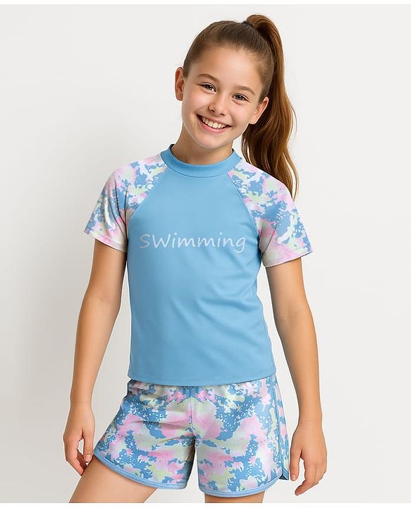 Pine Active Half Sleeves Two Piece Swimsuit with Abstract Print -  Blue