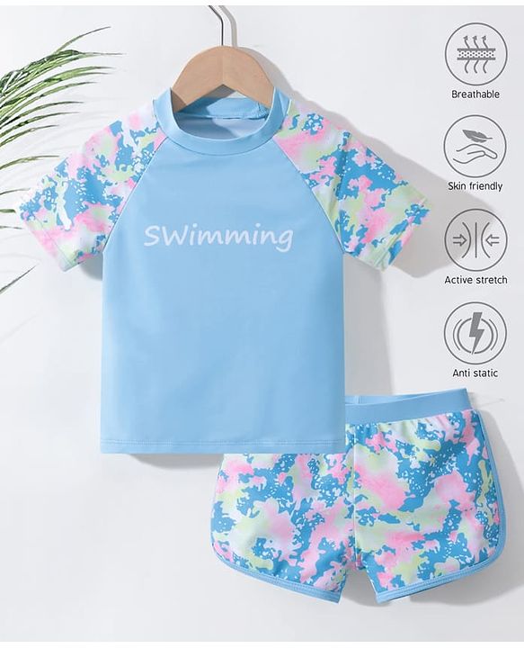 Pine Active Half Sleeves Two Piece Swimsuit with Abstract Print -  Blue