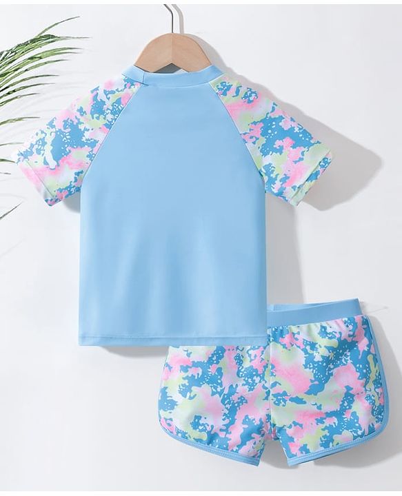 Pine Active Half Sleeves Two Piece Swimsuit with Abstract Print -  Blue