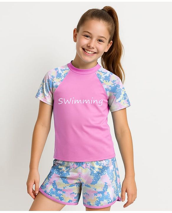 Pine Active Half Sleeves Two Piece Swimsuit with Abstract Print -  Blue