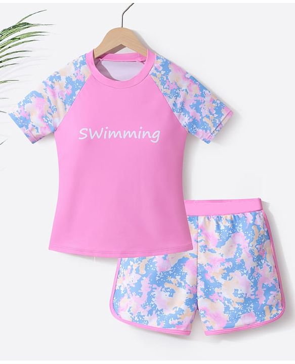 Pine Active Half Sleeves Two Piece Swimsuit with Abstract Print -  Blue