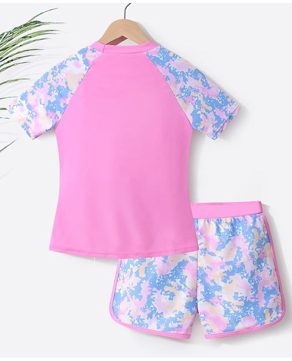 Pine Active Half Sleeves Two Piece Swimsuit with Abstract Print -  Blue