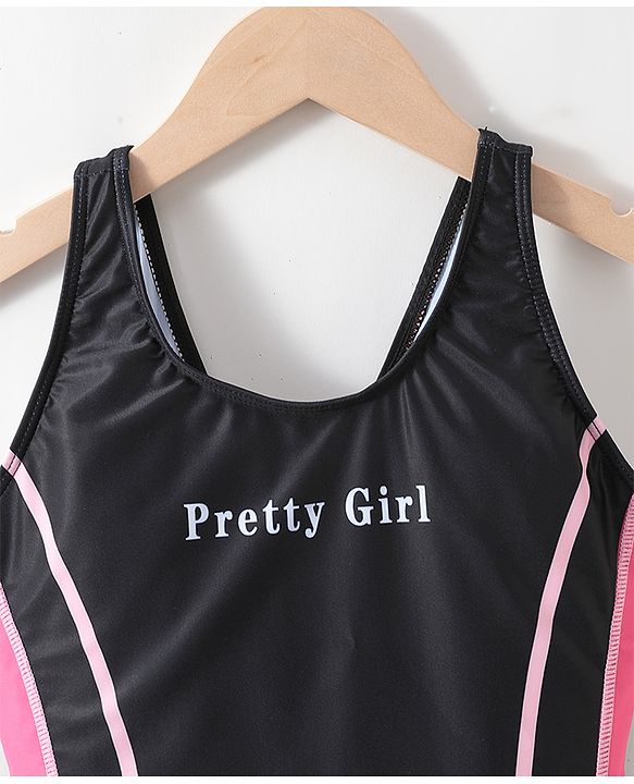 Pine Active Sleeveless Legged Swimsuit Text Print - Black