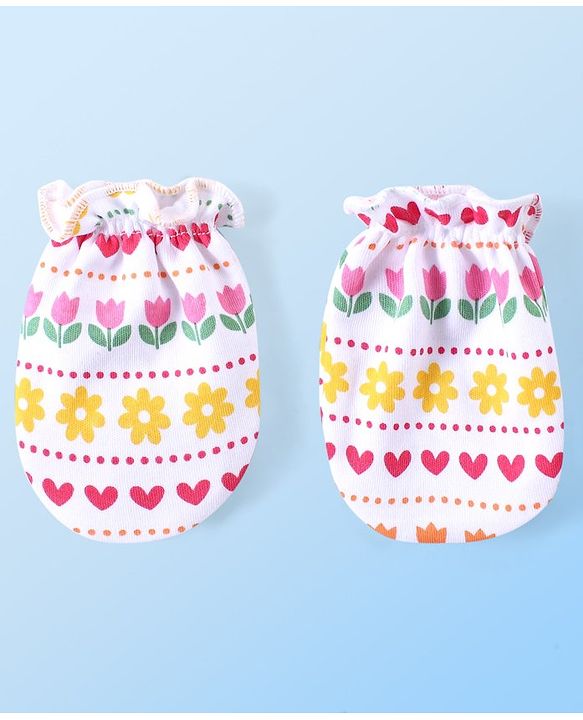 Babyhug 100% Cotton Interlock Knit Mittens & Booties Set Floral & Hearts Print - Multicolor