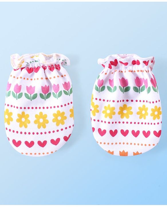 Babyhug 100% Cotton Interlock Knit Mittens & Booties Set Floral & Hearts Print - Multicolor