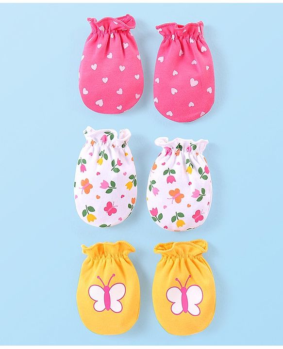 Babyhug 100% Cotton Interlock Knit Mitten Set with Hearts & Floral Print  Pack of 3 - Multicolour