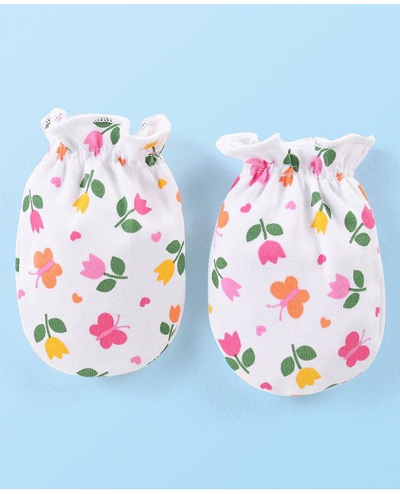 Babyhug 100% Cotton Interlock Knit Mitten Set with Hearts & Floral Print  Pack of 3 - Multicolour