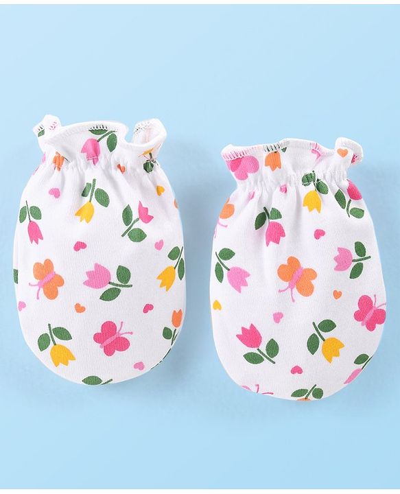 Babyhug 100% Cotton Interlock Knit Mitten Set with Hearts & Floral Print  Pack of 3 - Multicolour