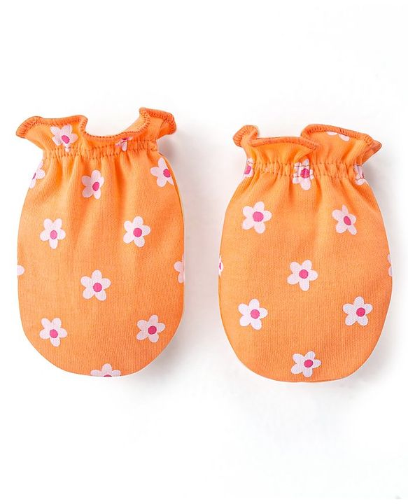 Babyhug 100% Cotton Interlock Knit Mittens With Floral & Polka Dots Print Pack of 3 - Yellow Pink & Orange