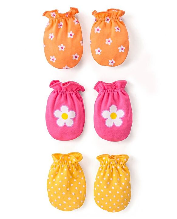Babyhug 100% Cotton Interlock Knit Mittens With Floral & Polka Dots Print Pack of 3 - Yellow Pink & Orange