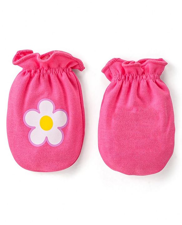 Babyhug 100% Cotton Interlock Knit Mittens With Floral & Polka Dots Print Pack of 3 - Yellow Pink & Orange